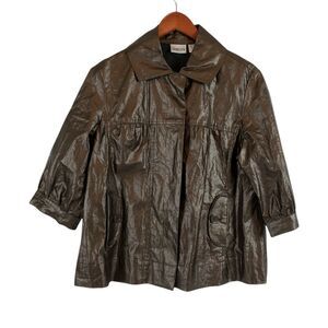 CHICOS 1 ( M ) Glossy Brown Coated Linen Casual Jacket 1/2 Sleeve FLAWS